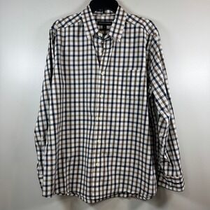 Tricots St Raphael Shirt Mens L Brown Navy Plaid Cotton Button Down Business